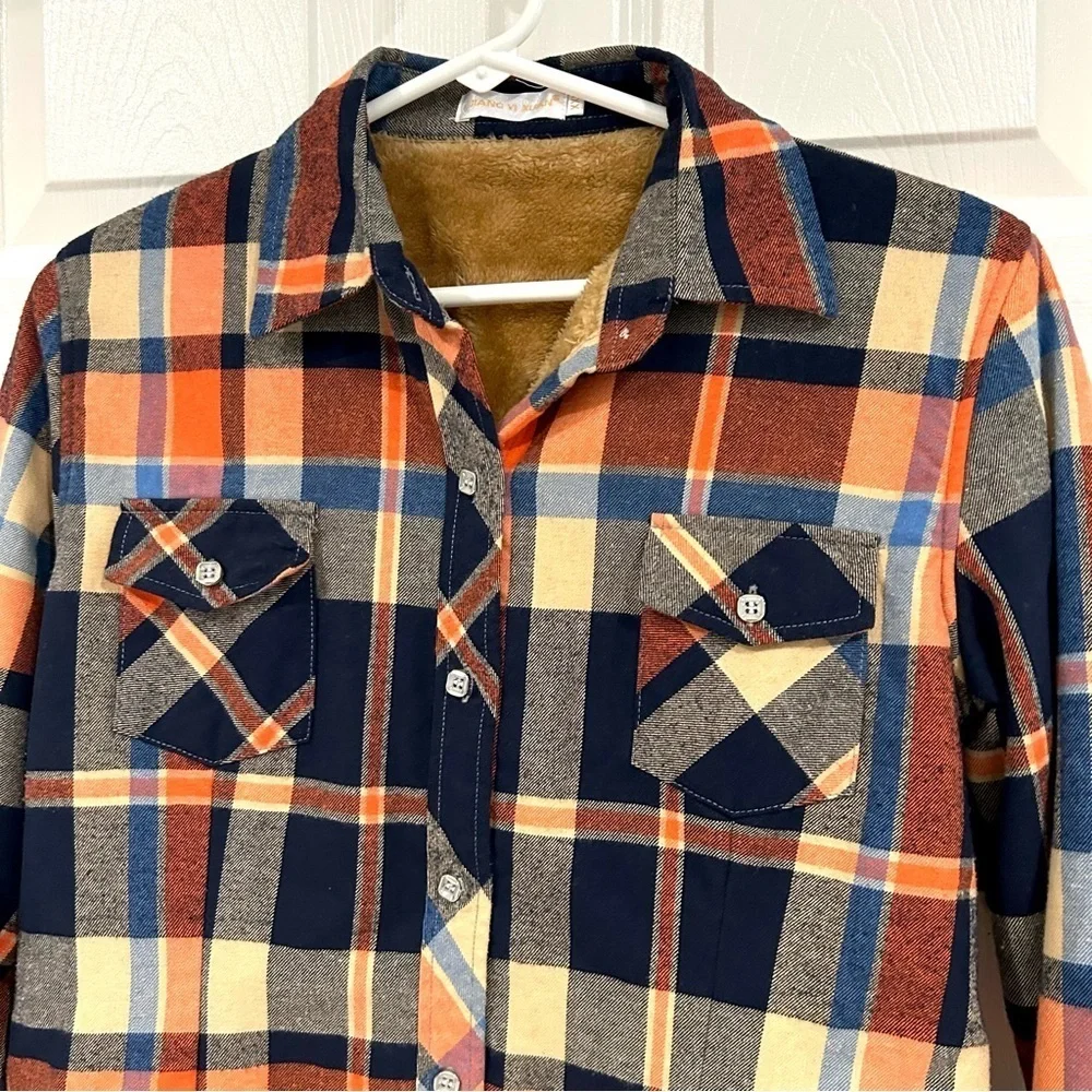 Boys Plaid Flannel Fleece Jacket Sz XXL Button Up Warm Collar Blue Tan Orange